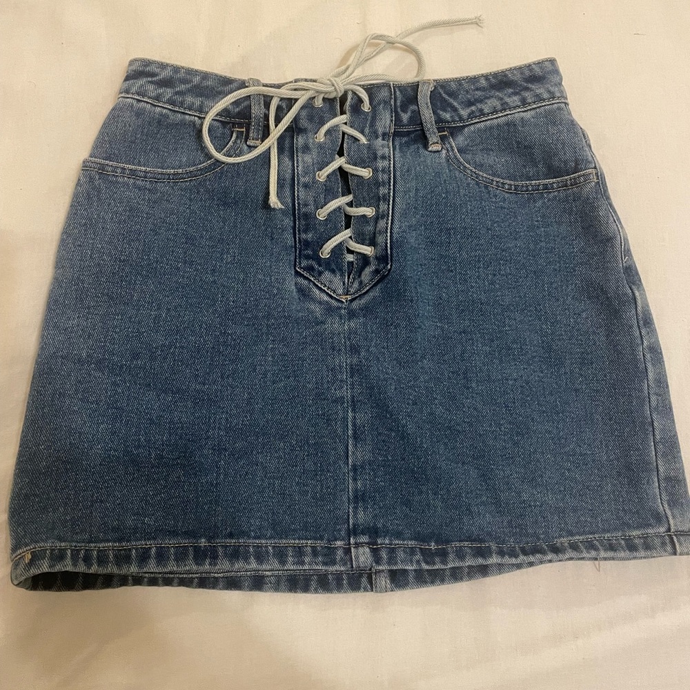 Denim mini-skirt with lace-up detail